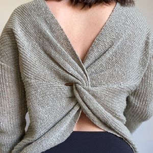 Off the Shoulder Open Back Sweater w/ Twisted Knot